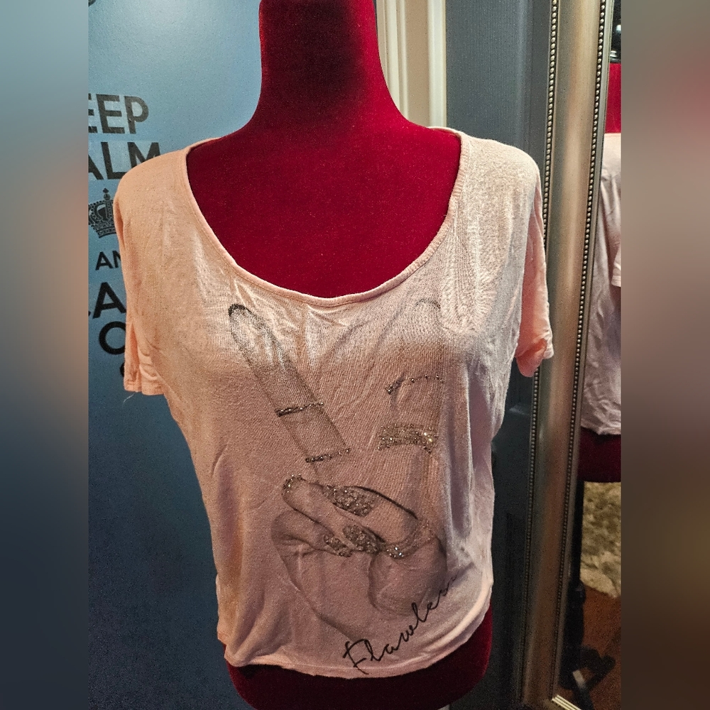 Pink blinged cropped t shirt with peace sign sz large